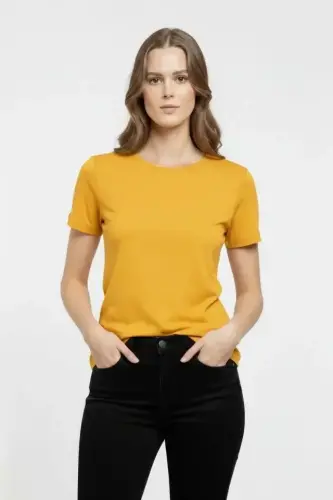 T-Shirt Bisiklet Yaka Slim Fit Likralı Tişört Günlük Basic Body - Sarı - 1