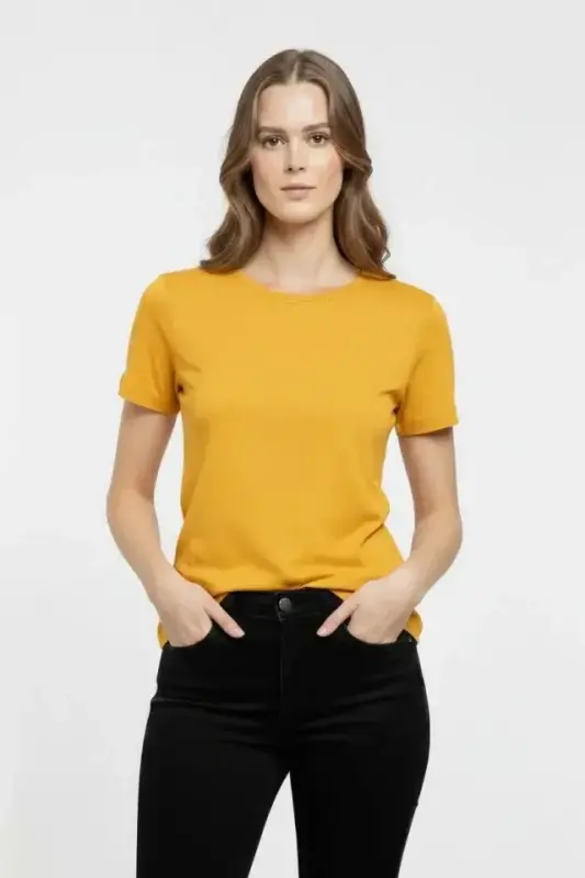 T-Shirt Bisiklet Yaka Slim Fit Likralı Tişört Günlük Basic Body - Sarı - BÜYÜKBEDENIZ