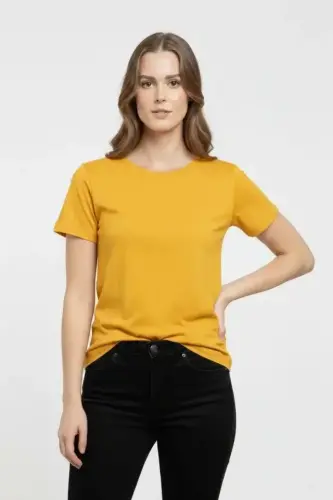 T-Shirt Bisiklet Yaka Slim Fit Likralı Tişört Günlük Basic Body - Sarı - 3