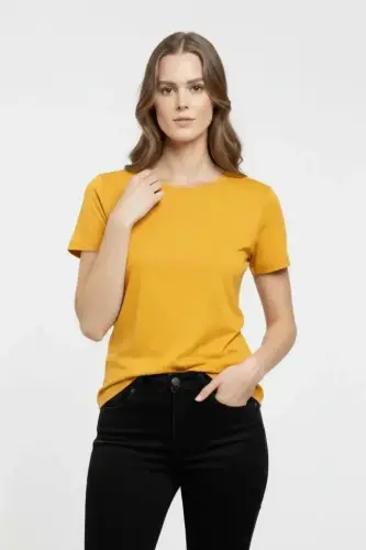 T-Shirt Bisiklet Yaka Slim Fit Likralı Tişört Günlük Basic Body - Sarı - BÜYÜKBEDENIZ (1)