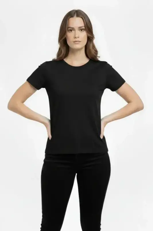 T-Shirt Bisiklet Yaka Slim Fit Likralı Tişört Günlük Basic Body - Siyah - BÜYÜKBEDENIZ