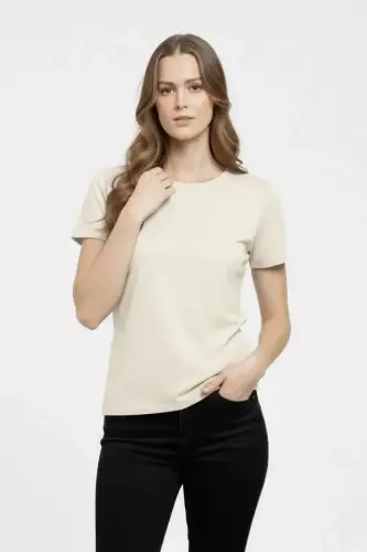 T-Shirt Bisiklet Yaka Slim Fit Likralı Tişört Günlük Basic Body - Taş - 1