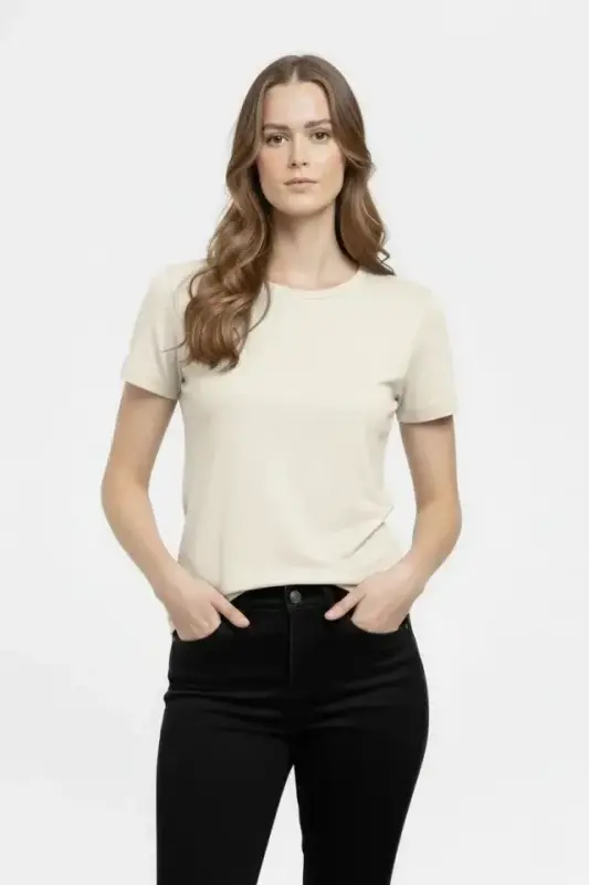 T-Shirt Bisiklet Yaka Slim Fit Likralı Tişört Günlük Basic Body - Taş - 3