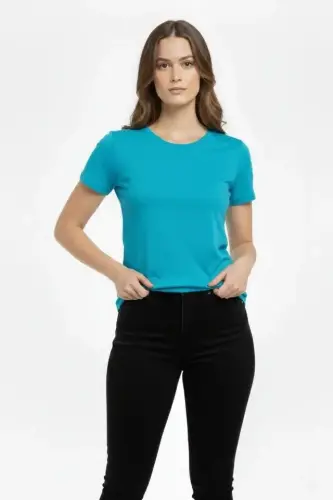 T-Shirt Bisiklet Yaka Slim Fit Likralı Tişört Günlük Basic Body - Turkuvaz - 2