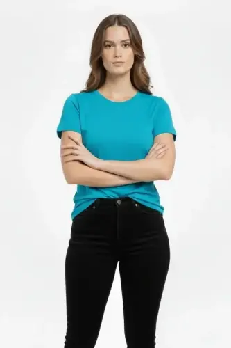 T-Shirt Bisiklet Yaka Slim Fit Likralı Tişört Günlük Basic Body - Turkuvaz - 3