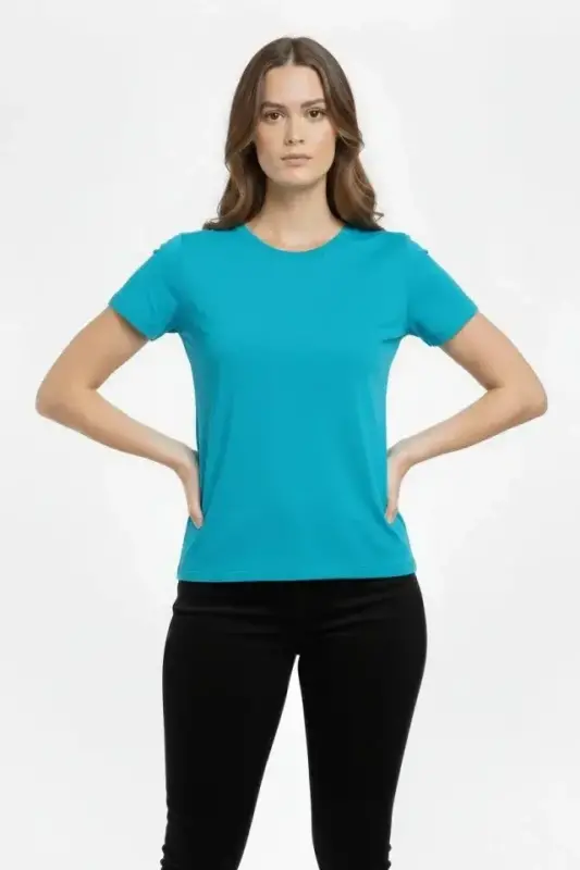 T-Shirt Bisiklet Yaka Slim Fit Likralı Tişört Günlük Basic Body - Turkuvaz - BÜYÜKBEDENIZ