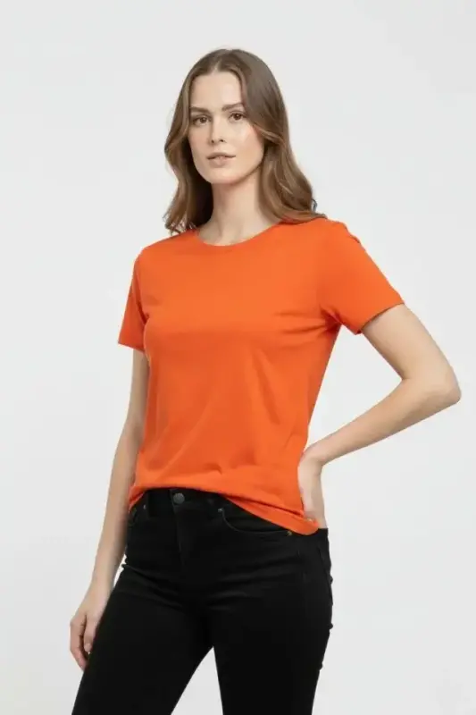 T-Shirt Bisiklet Yaka Slim Fit Likralı Tişört Günlük Basic Body - Turuncu - 1