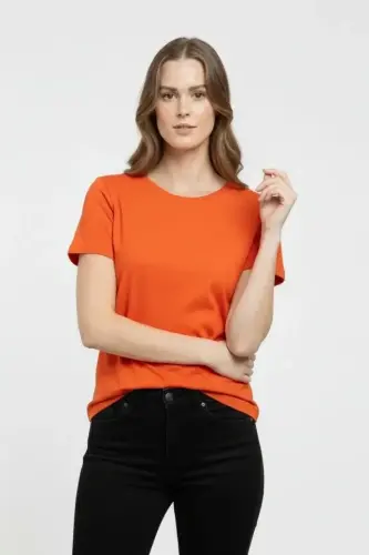 T-Shirt Bisiklet Yaka Slim Fit Likralı Tişört Günlük Basic Body - Turuncu - 2