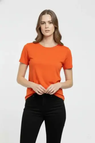 T-Shirt Bisiklet Yaka Slim Fit Likralı Tişört Günlük Basic Body - Turuncu - 3