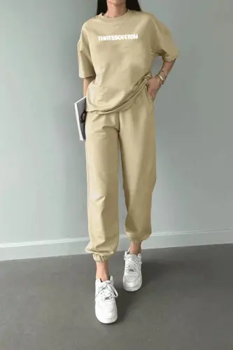 T-shirt Eşofman Altı Jogger - Bej Thatsoffetch Baskılı Eşofman Takımı Oversize Bisiklet Yaka - Bej 
