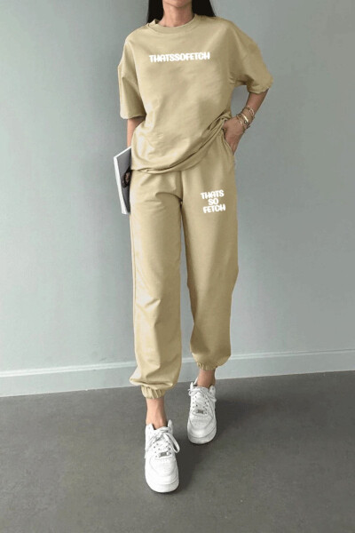 T-Shirt Jogger Pants - Beige Printed Top and Bottom Tracksuit Oversize Crew Neck - 4