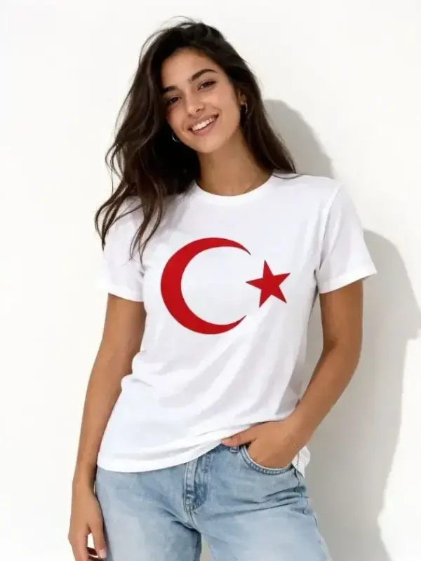 T-Shirt Kısa Kol Bisiklet Yaka Ay Yıldız Bayrak Baskılı Tişört - Beyaz - BÜYÜKBEDENIZ
