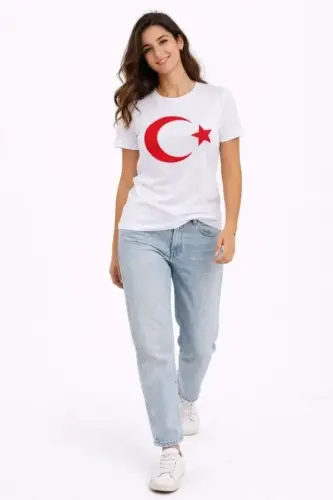 T-Shirt Kısa Kol Bisiklet Yaka Ay Yıldız Bayrak Baskılı Tişört - Beyaz - BÜYÜKBEDENIZ (1)