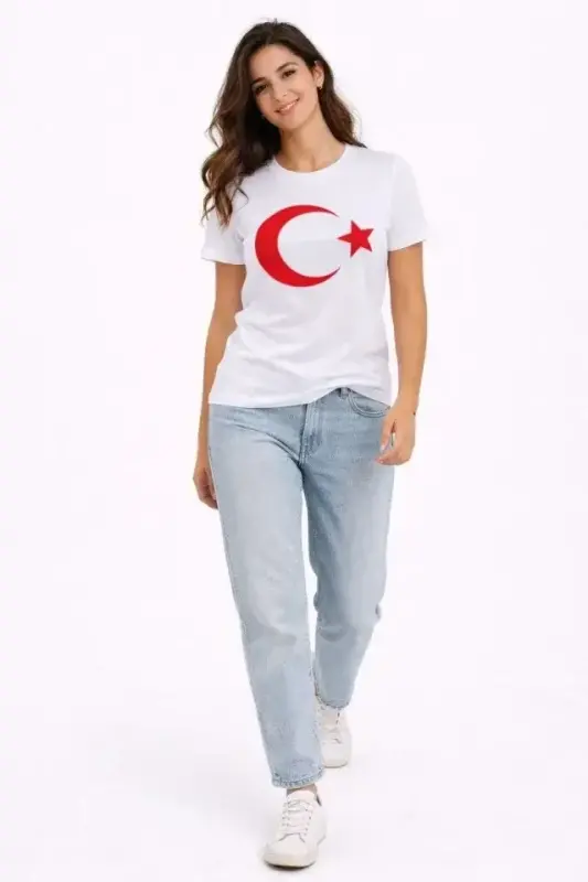 T-Shirt Kısa Kol Bisiklet Yaka Ay Yıldız Bayrak Baskılı Tişört - Beyaz - 2