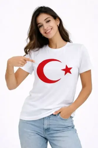 T-Shirt Kısa Kol Bisiklet Yaka Ay Yıldız Bayrak Baskılı Tişört - Beyaz - 3