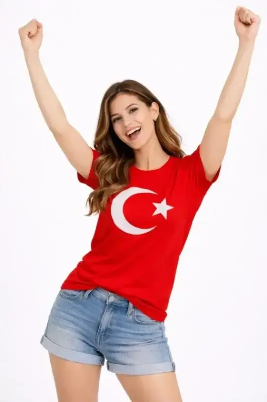T-Shirt Kısa Kol Bisiklet Yaka Ay Yıldız Bayrak Baskılı Tişört - Kırmızı - BÜYÜKBEDENIZ