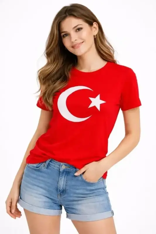 T-Shirt Kısa Kol Bisiklet Yaka Ay Yıldız Bayrak Baskılı Tişört - Kırmızı - 2