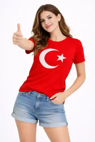 T-Shirt Kısa Kol Bisiklet Yaka Ay Yıldız Bayrak Baskılı Tişört - Kırmızı - 3
