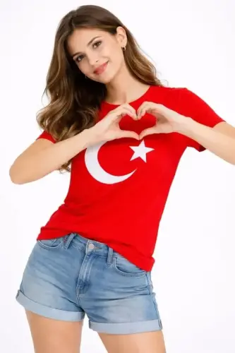 T-Shirt Kısa Kol Bisiklet Yaka Ay Yıldız Bayrak Baskılı Tişört - Kırmızı - 4