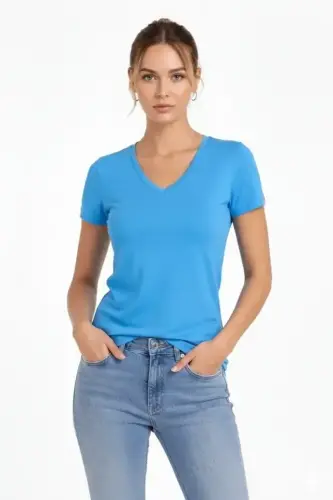 T-Shirt V Yaka Slim Fit Likralı Tişört Günlük Basic Body - Açık Mavi - 2