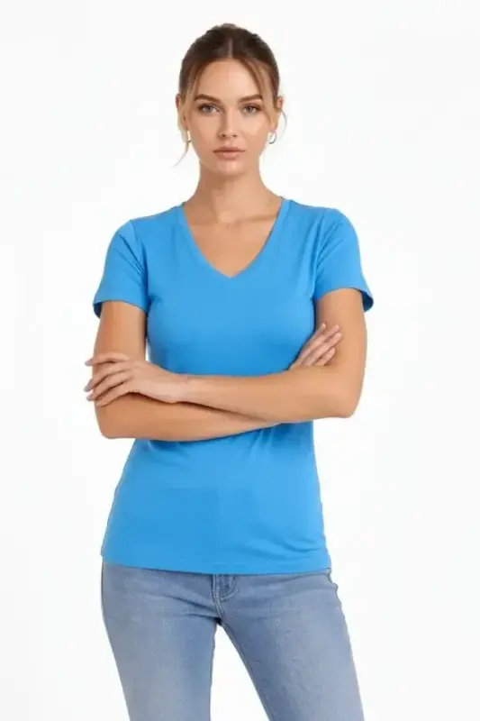 T-Shirt V Yaka Slim Fit Likralı Tişört Günlük Basic Body - Açık Mavi - 1