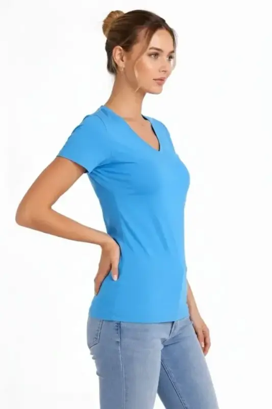 T-Shirt V Yaka Slim Fit Likralı Tişört Günlük Basic Body - Açık Mavi - 3