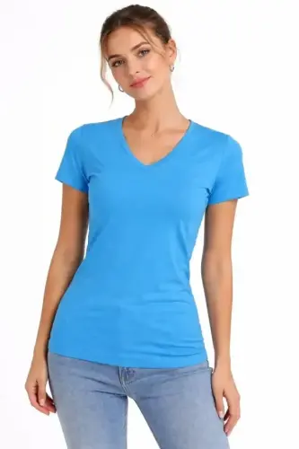 T-Shirt V Yaka Slim Fit Likralı Tişört Günlük Basic Body - Açık Mavi - 4