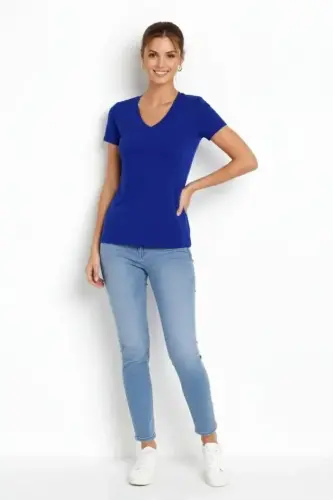 T-Shirt V Yaka Slim Fit Likralı Tişört Günlük Basic Body - İndigo - BÜYÜKBEDENIZ (1)