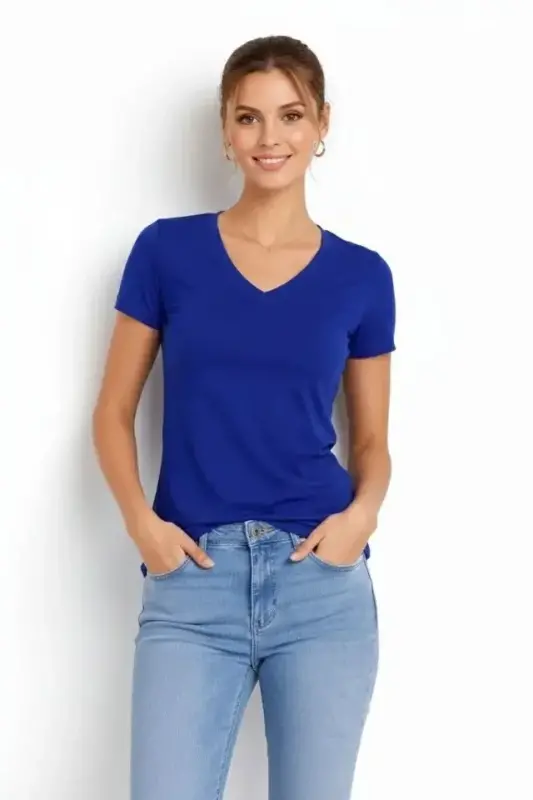T-Shirt V Yaka Slim Fit Likralı Tişört Günlük Basic Body - İndigo - 3