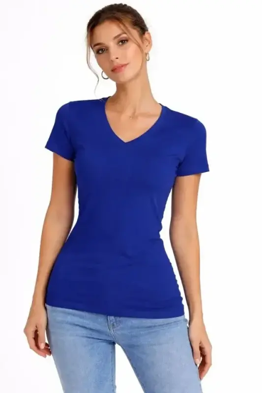 T-Shirt V Yaka Slim Fit Likralı Tişört Günlük Basic Body - İndigo - BÜYÜKBEDENIZ