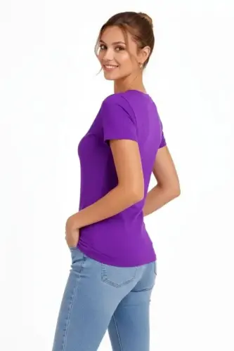 T-Shirt V Yaka Slim Fit Likralı Tişört Günlük Basic Body - Mor - BÜYÜKBEDENIZ (1)