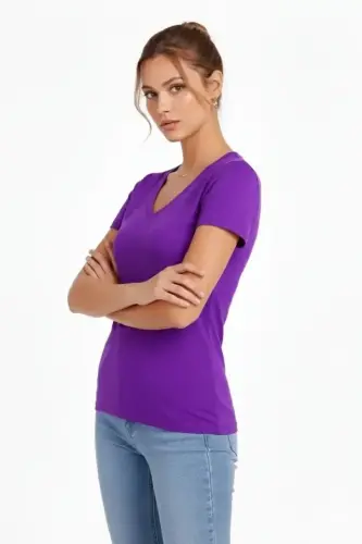 T-Shirt V Yaka Slim Fit Likralı Tişört Günlük Basic Body - Mor - 1