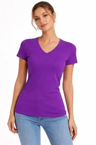 T-Shirt V Yaka Slim Fit Likralı Tişört Günlük Basic Body - Mor - 3