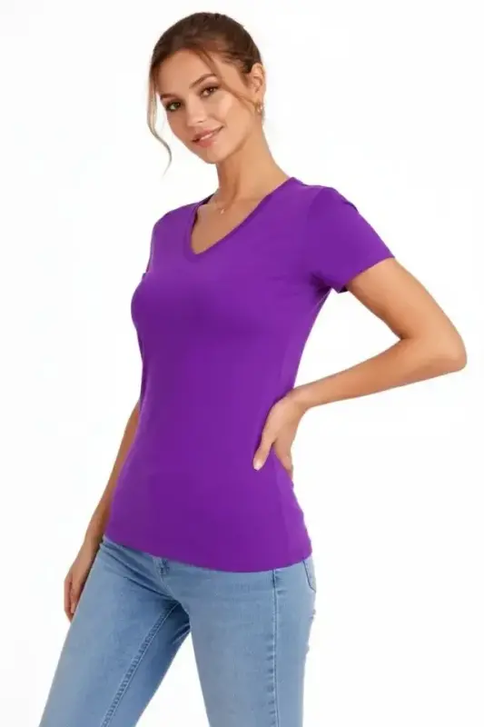 T-Shirt V Yaka Slim Fit Likralı Tişört Günlük Basic Body - Mor - 4