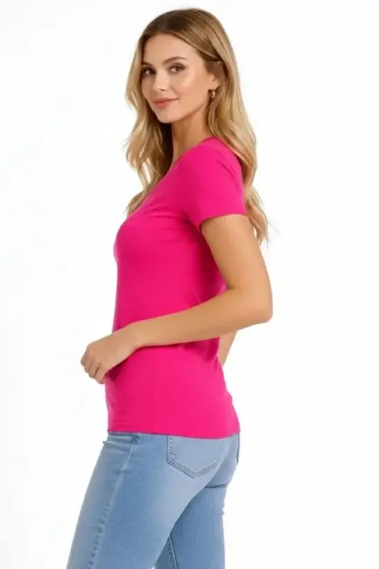 T-Shirt V Yaka Slim Fit Likralı Tişört Günlük Basic Body - Pembe - BÜYÜKBEDENIZ