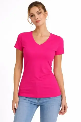 T-Shirt V Yaka Slim Fit Likralı Tişört Günlük Basic Body - Pembe - BÜYÜKBEDENIZ (1)
