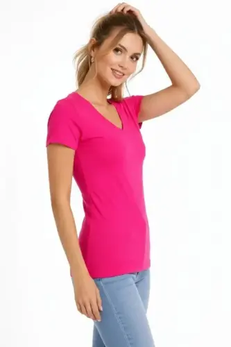 T-Shirt V Yaka Slim Fit Likralı Tişört Günlük Basic Body - Pembe - 3