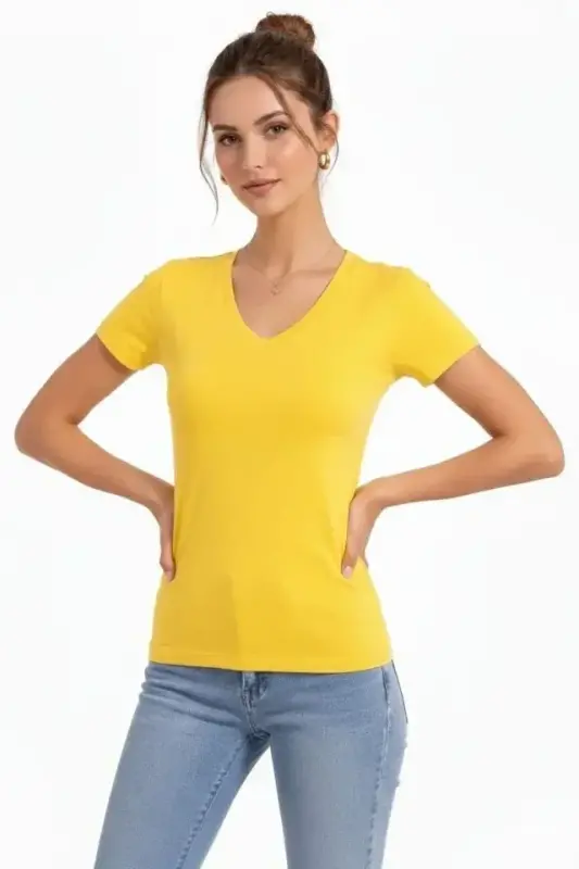 T-Shirt V Yaka Slim Fit Likralı Tişört Günlük Basic Body - Sarı - BÜYÜKBEDENIZ