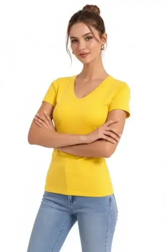 T-Shirt V Yaka Slim Fit Likralı Tişört Günlük Basic Body - Sarı - BÜYÜKBEDENIZ (1)