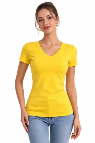 T-Shirt V Yaka Slim Fit Likralı Tişört Günlük Basic Body - Sarı - 4