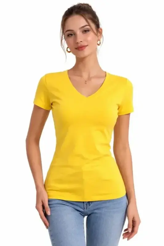 T-Shirt V Yaka Slim Fit Likralı Tişört Günlük Basic Body - Sarı - 4
