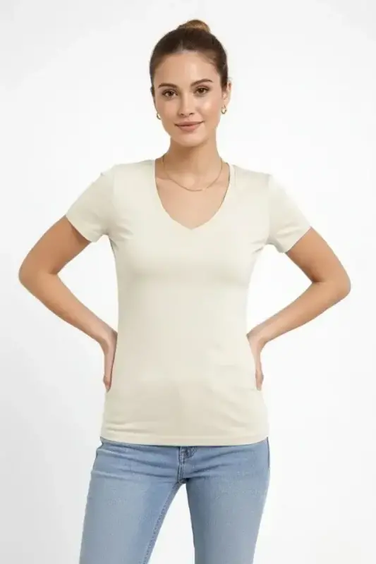 T-Shirt V Yaka Slim Fit Likralı Tişört Günlük Basic Body - Taş - 1