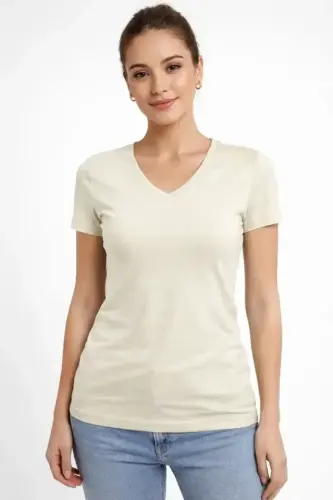 T-Shirt V Yaka Slim Fit Likralı Tişört Günlük Basic Body - Taş - 4