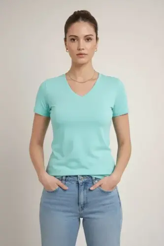 T-Shirt V Yaka Slim Fit Likralı Tişört Günlük Basic Body - Turkuvaz - BÜYÜKBEDENIZ (1)