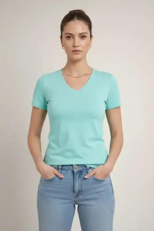 T-Shirt V Yaka Slim Fit Likralı Tişört Günlük Basic Body - Turkuvaz - 2