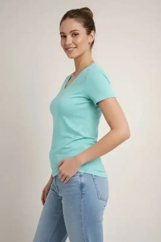 T-Shirt V Yaka Slim Fit Likralı Tişört Günlük Basic Body - Turkuvaz - 3