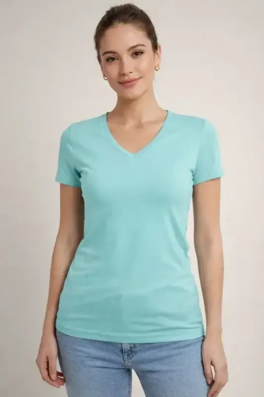 T-Shirt V Yaka Slim Fit Likralı Tişört Günlük Basic Body - Turkuvaz - 4