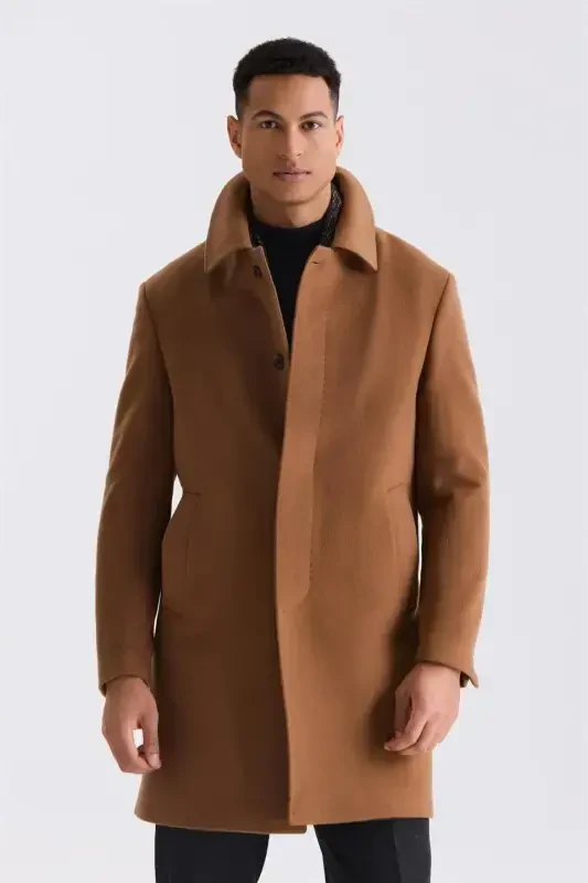 Taba Comfort Fit Berberi Yaka Yünlü Kaşe Kaban - 1