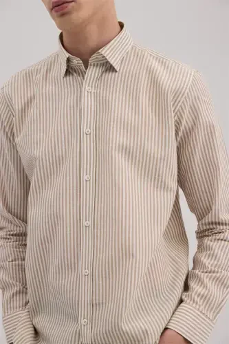 Taba Comfort Fit Keten Karışımlı Çizgili Gömlek - 3