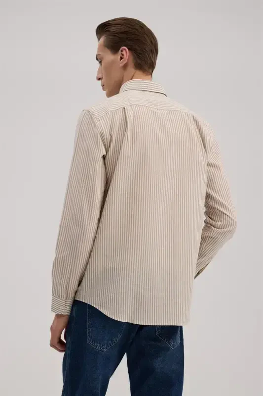 Taba Comfort Fit Keten Karışımlı Çizgili Gömlek - 4